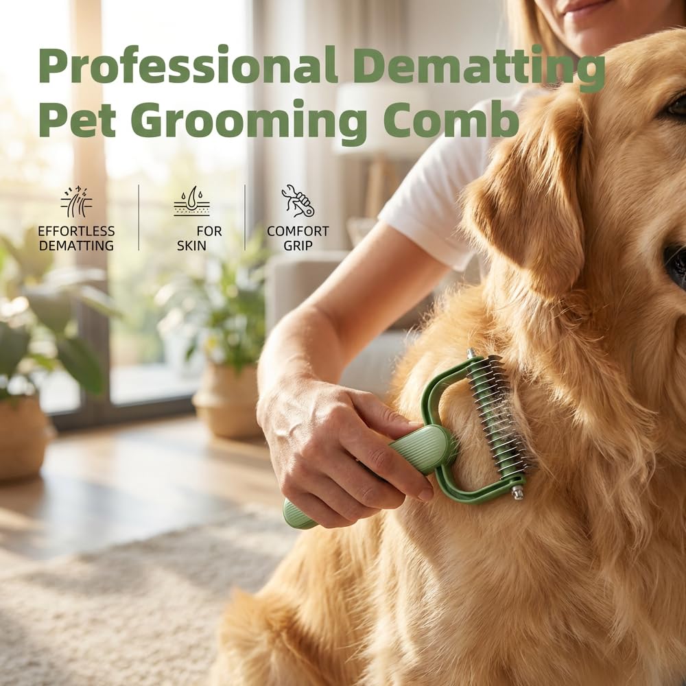 Double Sided Dematting Comb for Dogs and Cats – Undercoat Rake Pet Grooming Tool for Shedding, Tangles & Matted Fur, Stainless Steel Deshedding Brush for Long Haired & Thick Coat Pets (Green & Gray)