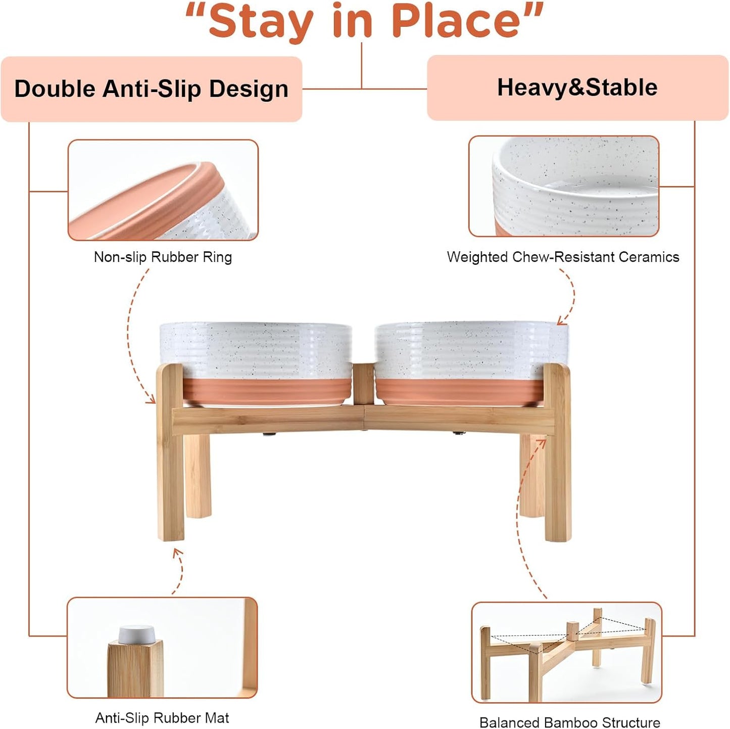 SPUNKYJUNKY Elevated Dog Bowls Ceramic, 6.1'' Dogs and Cat Food Water Bowls Raised with Non-Slip Bamboo Stand for Medium Sized Breed Microwave Dishwasher Safe - 28.7 OZ,Beige