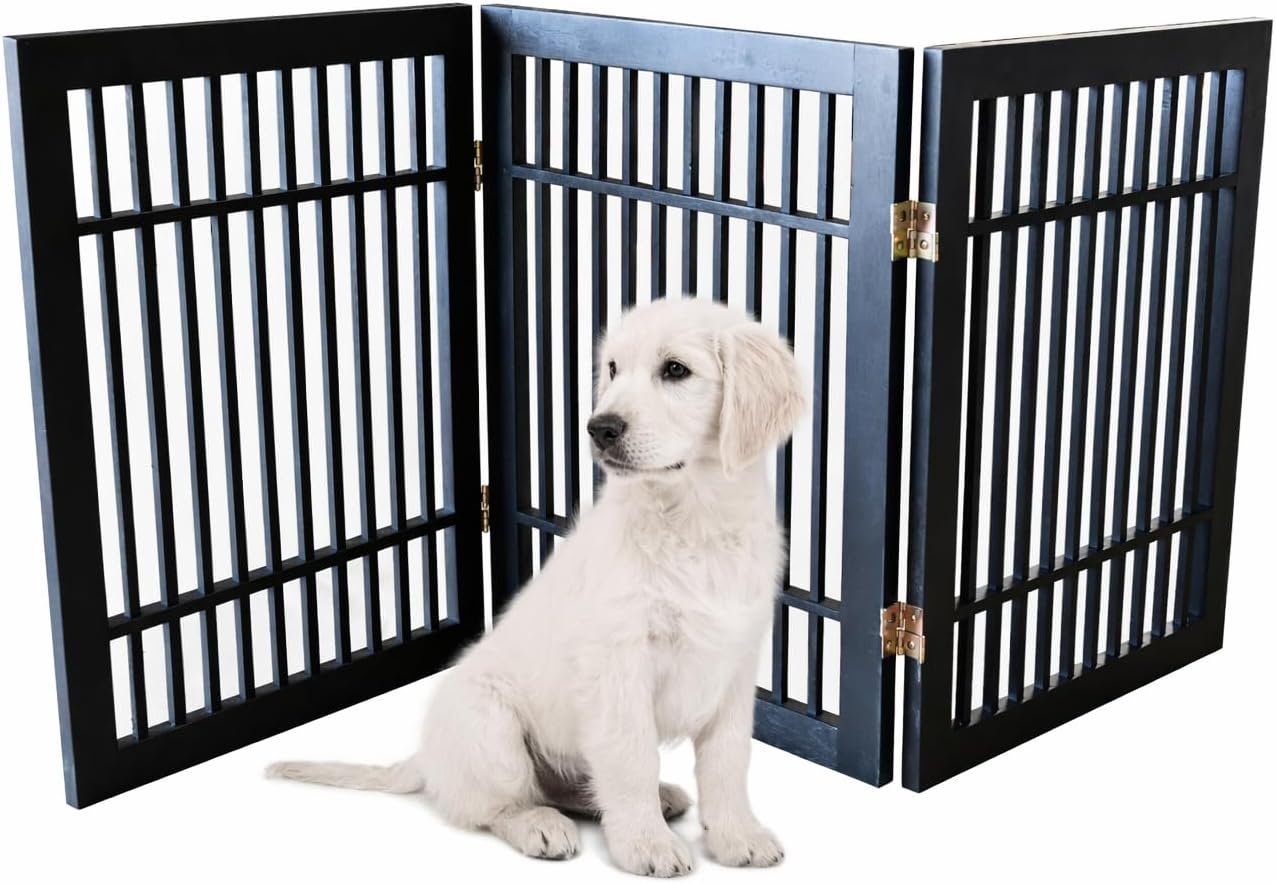 Urnporium Freestanding Wooden Dog Gate for Doorways – Foldable Acacia Wood Pet Gate, No Drill Portable Indoor/Outdoor Puppy Fence Barrier (White Pet Gate, 3 Panel 24" Tall)
