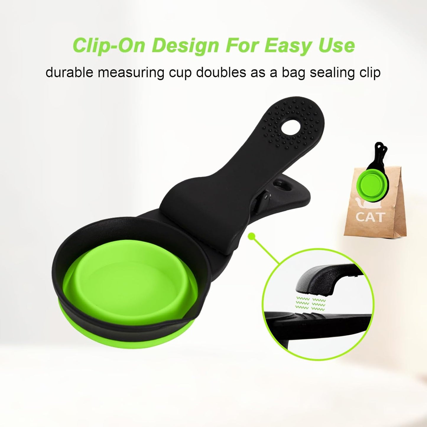 Collapsible Dog Food Scoop Foldable Pet Food Bag Clip 3 in 1 Multi-function Silicone Cat Food Measuring Cup Scoop Dog Food Scooper Pet Food Storage Clip (Green, 1 Cup Capacity(1 Pack))