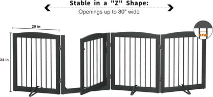 PUPETPO Freestanding Dog Gate with Door, Pet Gate for Stairs, 80 inch Wide Pet Barrier Indoor, Dog Fences Indoor, Support Feet Included, 4 Panels, 24" Tall, Dark Brown