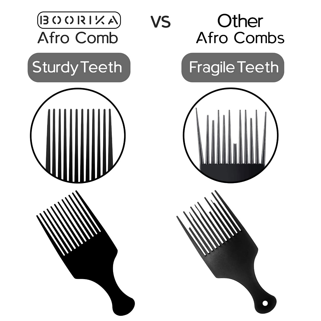 Boorika Afro Hair Pick Comb for Women & Men, 7.5 In Smooth Sturdy Wide Tooth for Detangling & Styling - Pack of 2