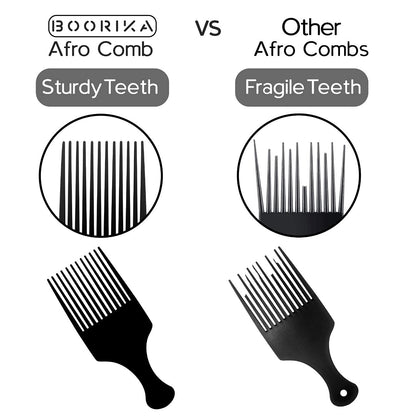 Boorika Afro Hair Pick Comb for Women & Men, 7.5 In Smooth Sturdy Wide Tooth for Detangling & Styling - Pack of 2