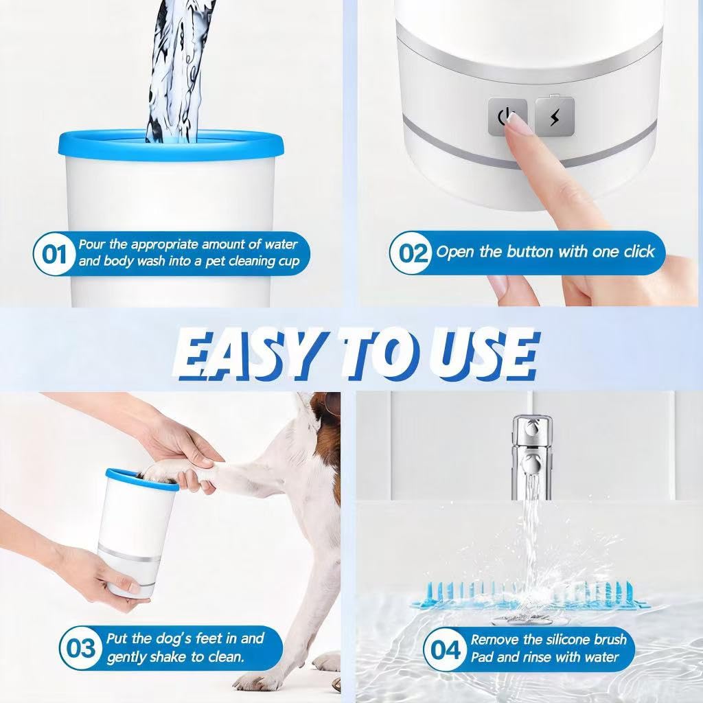 Rechargeable Automatic Dog Paw Cleaner, White - Portable Pet Paw Washer Cup with Soft Silicone Brush, 7.4V High Power, Suitable for Small to Medium Dog and Cat Grooming