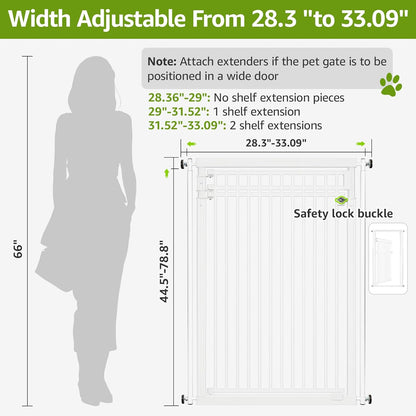 78.8" Extra Tall Cat Gate, 28.3-33" Wide Safety Metal Cat Door, Pressure Mounted Easy Walk Through Pet Gate with Door for Stairs, Doorways (Black)