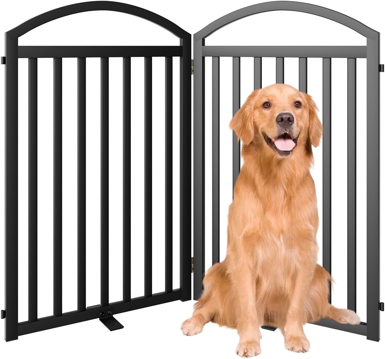 SNUOWU 4 Panels Full Matel Freestanding Dog Gates with Door, 96"Extra Wide 32"Tall Free Standing Dog Pet Gate for Indoor & Outdoor. Foldable Pet Fences for Doorways, House, Stairs, Porch, Deck, Yard