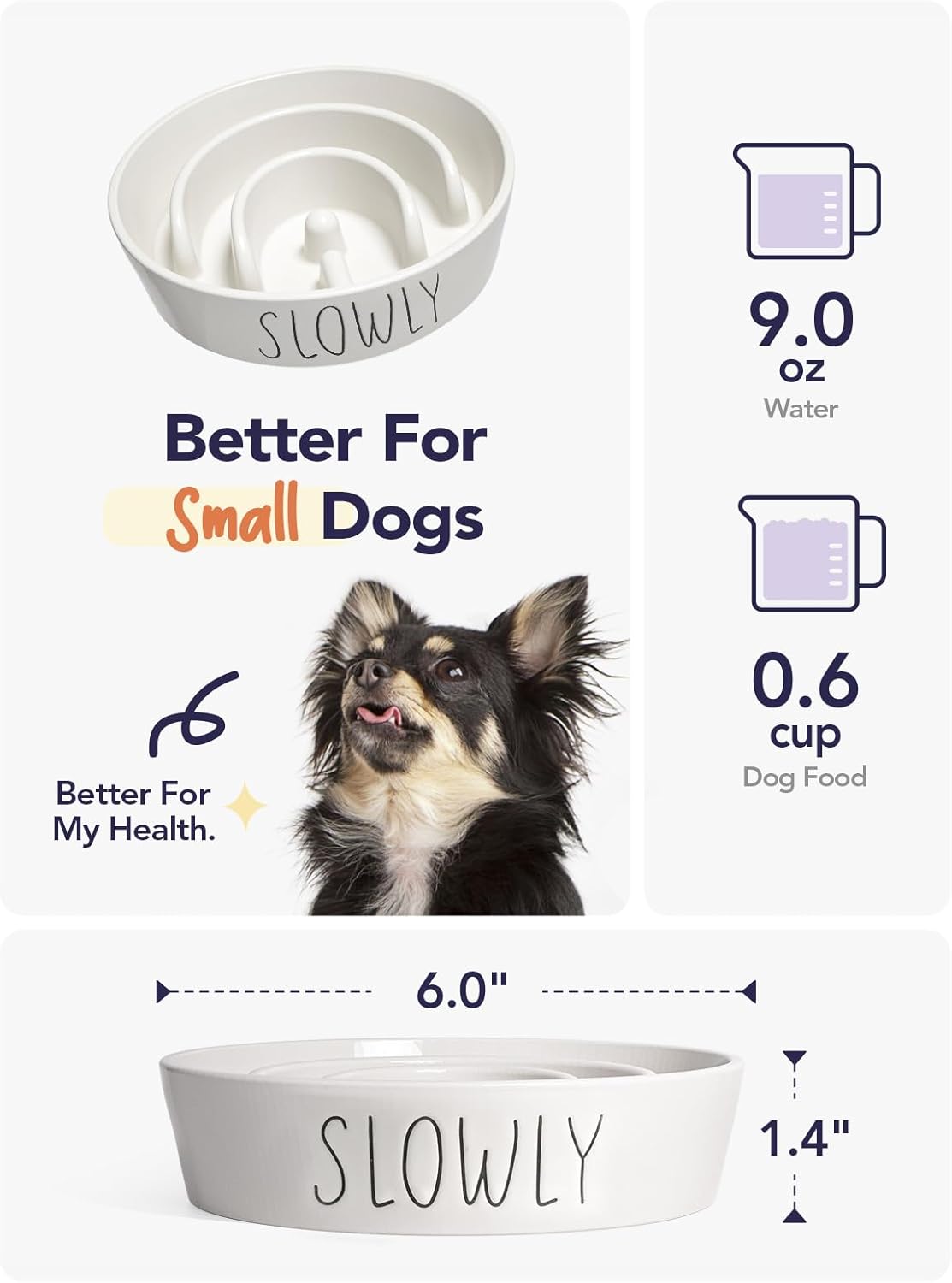 Slow Feeder Dog Bowl - 1.5 Cups Ceramic Puzzle Feeder for Small & Medium Breeds, Maze Design Bowl for Puppy & Fast Eaters, White Pet Dish to Control Eating Speed