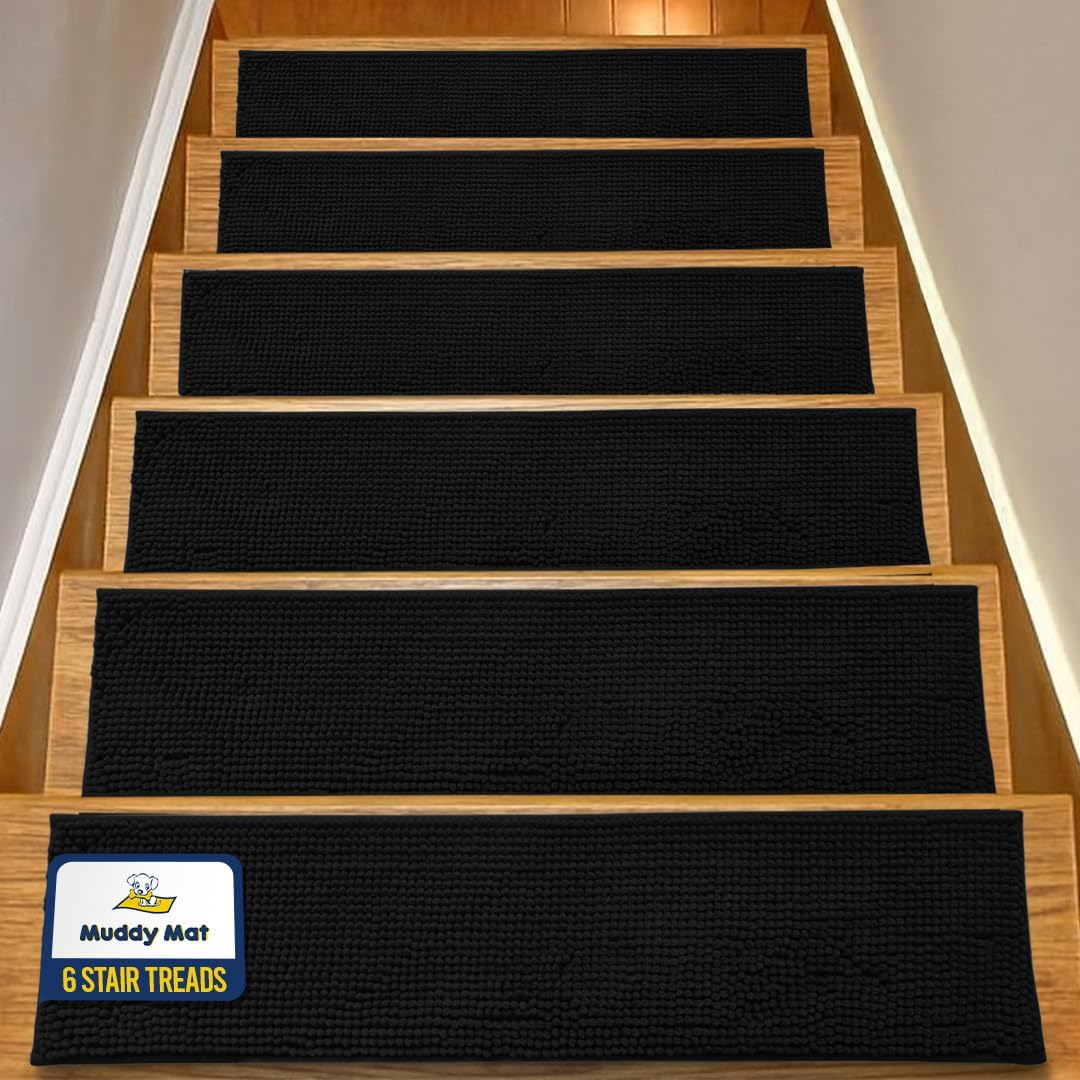 Muddy Mat® Pack of 4 - Soft Chenille Stair Treads Non-Slip Reusable, Super Absorbent Stair Treads for Wooden Steps, Tile & Marble Floor, Easy to Install & Machine Washable - Grey 30'' x 7''