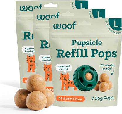 WOOF Pupsicle Refill Pops - Low-Mess Dog Snacks - with Peanut Butter and Beef - Dog Treats - Long Lasting - Large Pops - 7 Count