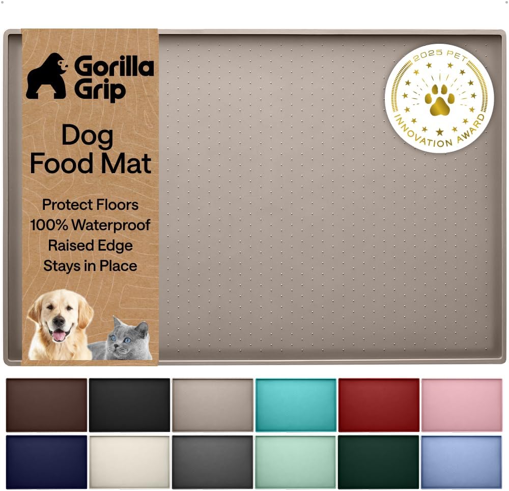 GORILLA GRIP 100% Waterproof Raised Edge BPA Free Silicone Pet Feeding Mat, Dog Cat Food Mats Contain Spills Protects Floors, Placemats for Cats and Dogs Water Bowl, 18.5x11.5, Gray