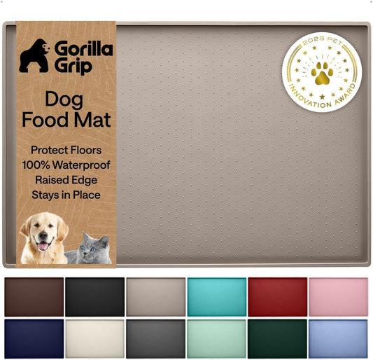 GORILLA GRIP 100% Waterproof Raised Edge BPA Free Silicone Pet Feeding Mat, Dog Cat Food Mats Contain Spills Protects Floors, Placemats for Cats and Dogs Water Bowl, 18.5x11.5, Gray
