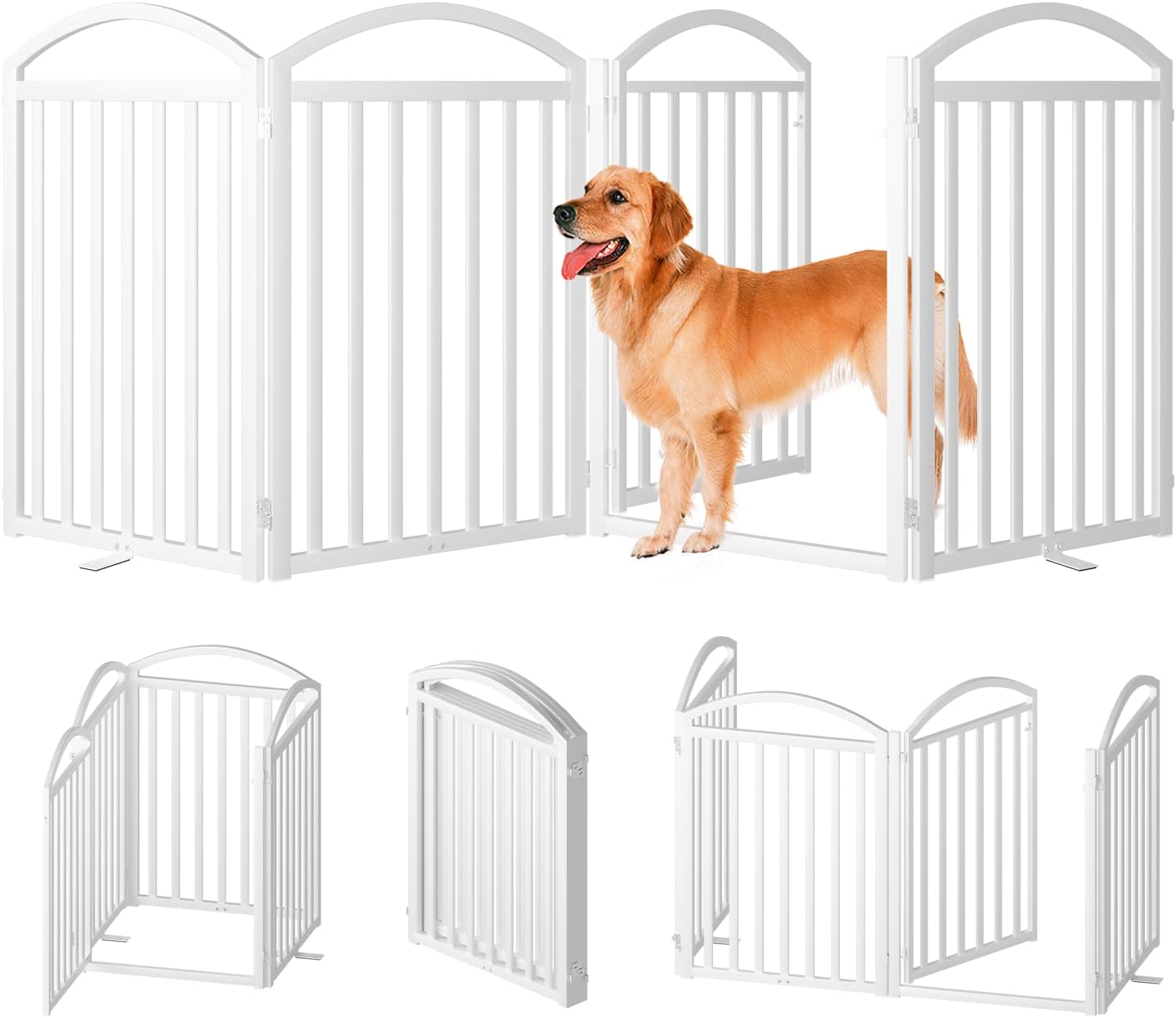 SNUOWU 4 Panels Full Matel Freestanding Dog Gates with Door, 96"Extra Wide 32"Tall Free Standing Dog Pet Gate for Indoor & Outdoor. Foldable Pet Fences for Doorways, House, Stairs, Porch, Deck, Yard