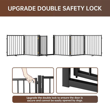 4 Panels Full Metal Freestanding Dog Gates with Door, 80” W x 32” H Folding Pet Gate Fence with Support Feet for Indoor,Stairs, Hallways and Doorways(Black)