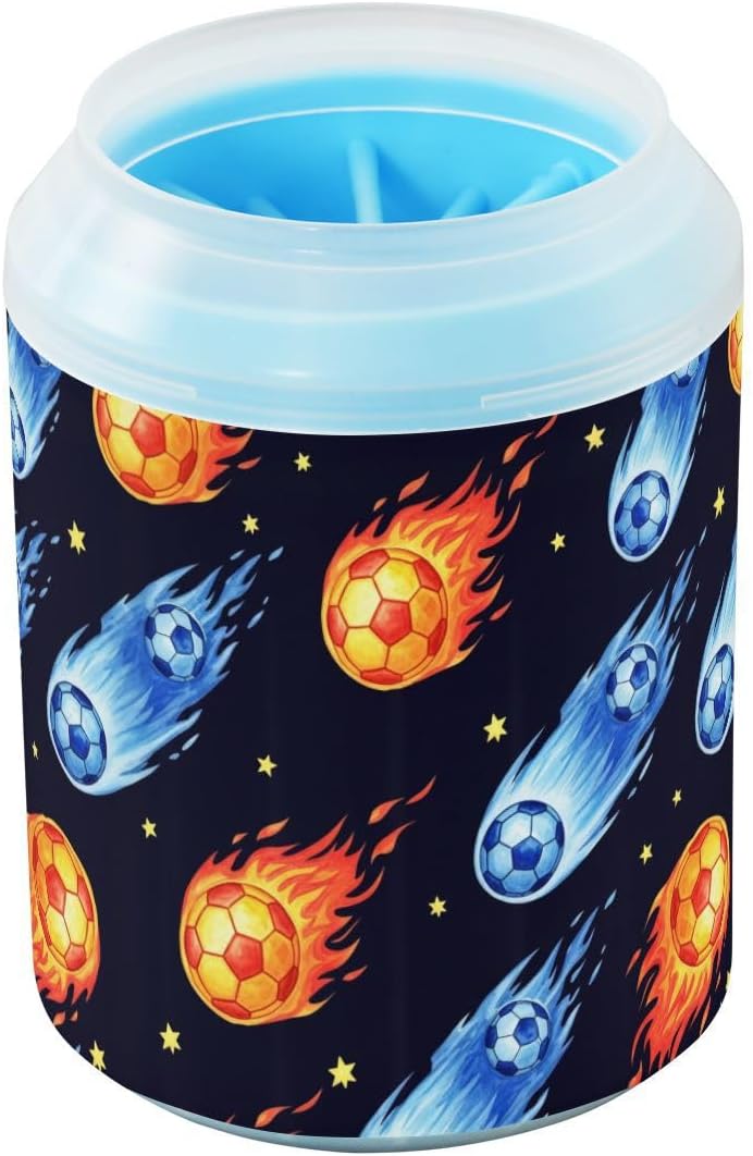 Space Soccer Black Pattern Dog Paw Cleaner Cup with Soft Silicone Brush, Small Portable Lightweight Muddy Paw Washer for Dogs, Easy to Use Pet Foot Cleaner