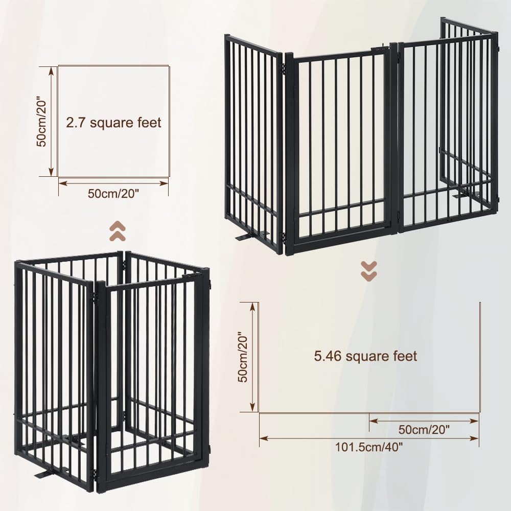 Metal Freestanding Dog Gate with Door, Extra Wide 81", 31" Height Foldable Dog Gates for Doorways, Tall Pet Fence Indoor Pet Gates, 4 Panels Pet Barrier for Stairs Hallways, Black