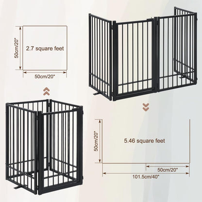 Metal Freestanding Dog Gate with Door, Extra Wide 81", 31" Height Foldable Dog Gates for Doorways, Tall Pet Fence Indoor Pet Gates, 4 Panels Pet Barrier for Stairs Hallways, Black