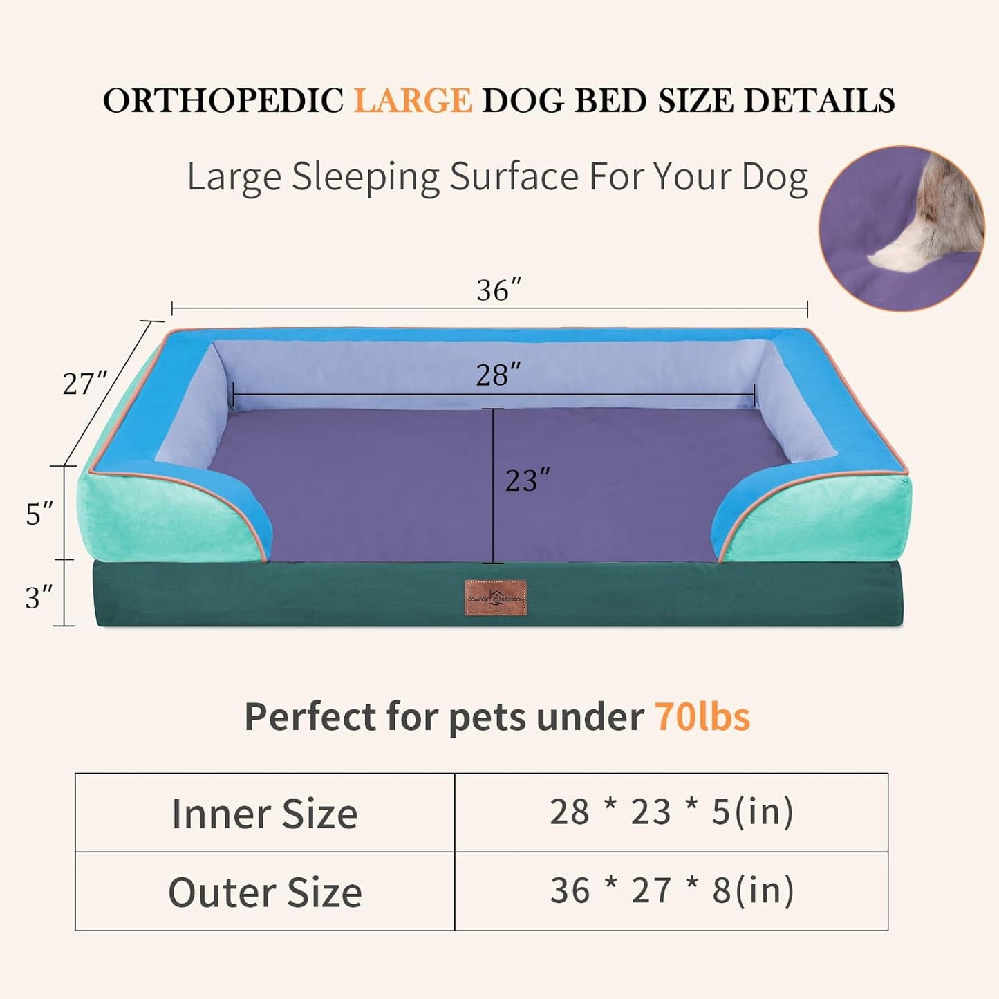 Comfort Expression Orthopedic Dog Bed for Extra Large Dogs 42x30 Inch, Waterproof Egg Crate Foam XL Pet Bed with Removable Bolsters, Dog Couch with Washable Cover & Non-Slip Bottom, Grey - Colors A