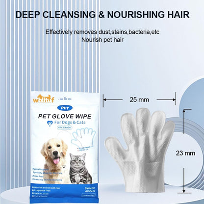 Pet Cleaning Gloves (6 Count) | Extra Thick Disposable Grooming Gloves with Aloe & Jojoba Oil, Waterless No-Rinse Odor Control, Lick-Safe Five-Finger Design for Cats & Dogs