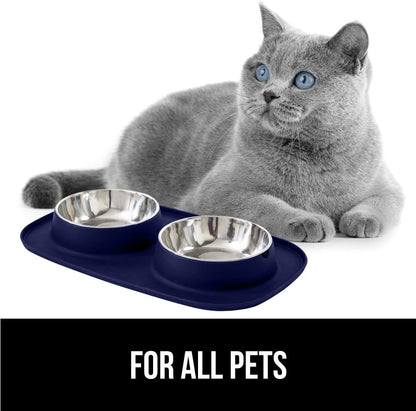 GORILLA GRIP Feeding Mat Set, Patent Pending 100% Waterproof BPA Free Silicone, Stainless Steel Cat and Dog Bowls, Slip Resistant, 1 Black mat/tray with 2 stainless steel bowls