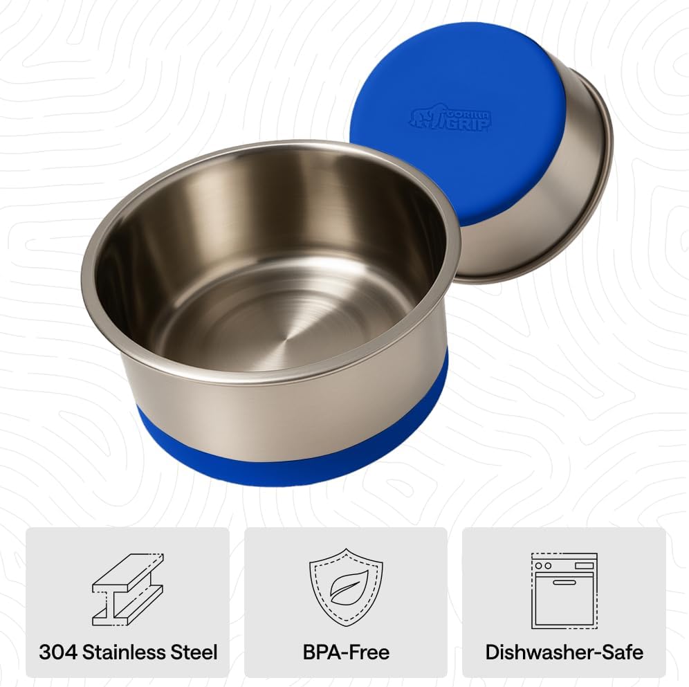 GORILLA GRIP Dog Bowls, Food Grade 304 Stainless Steel, Holds 2 Cups Each (16 fl oz) Food and Water Bowl for Feeding Dogs and Cats, Dishwasher Safe, Rust Resistant, BPA Free Rubber Base Set of 2 Black