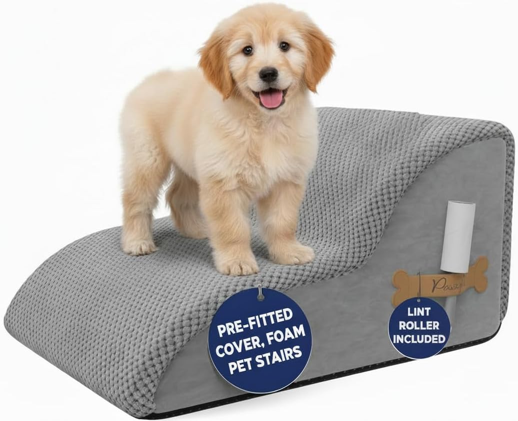 PAWZY Dog Stairs for Medium-Height Beds & Couches, 3-Step Foam Pet Steps 15.5” High for Small Dogs & Cats up to 60 lbs, Wide Non-Slip, Waterproof Washable Zipper Cover, No Assembly, Grey