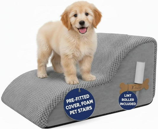 PAWZY Dog Stairs for Medium-Height Beds & Couches, 3-Step Foam Pet Steps 15.5” High for Small Dogs & Cats up to 60 lbs, Wide Non-Slip, Waterproof Washable Zipper Cover, No Assembly, Grey
