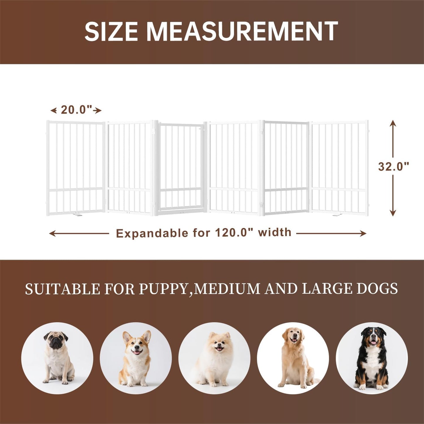 4 Panels Full Metal Freestanding Dog Gates with Door, 80” W x 32” H Folding Pet Gate Fence with Support Feet for Indoor,Stairs, Hallways and Doorways(Black)