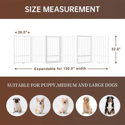 4 Panels Full Metal Freestanding Dog Gates with Door, 80” W x 32” H Folding Pet Gate Fence with Support Feet for Indoor,Stairs, Hallways and Doorways(Black)