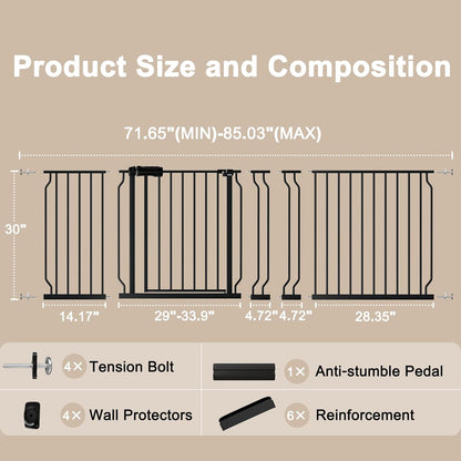 WAOWAO Baby Gate 71.65-85.03" Extra Wide Pressure Mounted Walk Through Swing Auto Close Safety Metal Black Toddler Kids Child Dog Pet Puppy for Stairs,Doorways,Kitchen