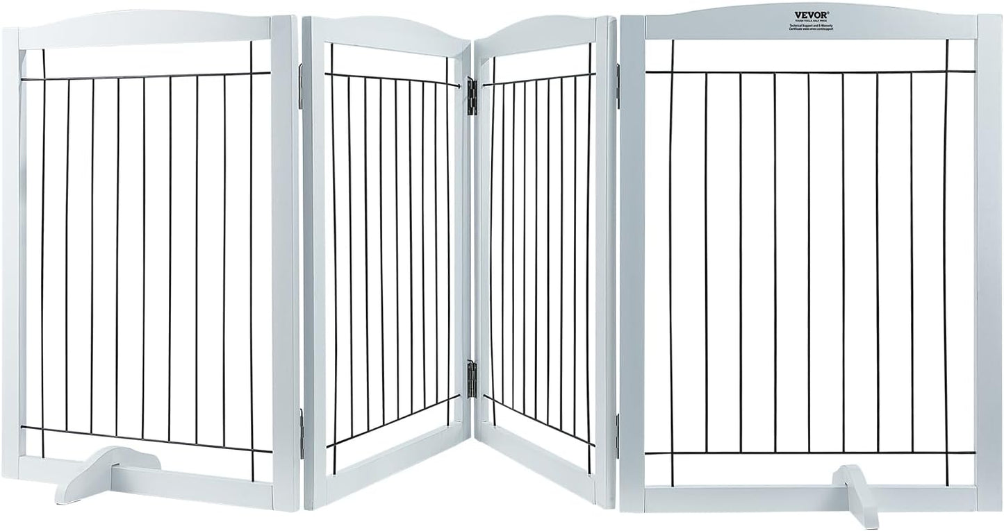 VEVOR Freestanding Pet Gate, Wooden 24" H x 80" W, 4-Panel Foldable Gate for Wide & Narrow Passageways, Expandable Dog Barrier with Silent Foot Support, White