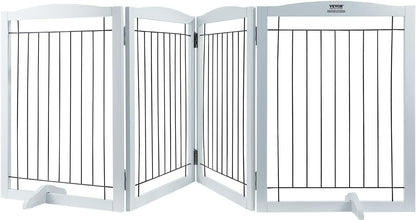 VEVOR Freestanding Pet Gate, Wooden 24" H x 80" W, 4-Panel Foldable Gate for Wide & Narrow Passageways, Expandable Dog Barrier with Silent Foot Support, White