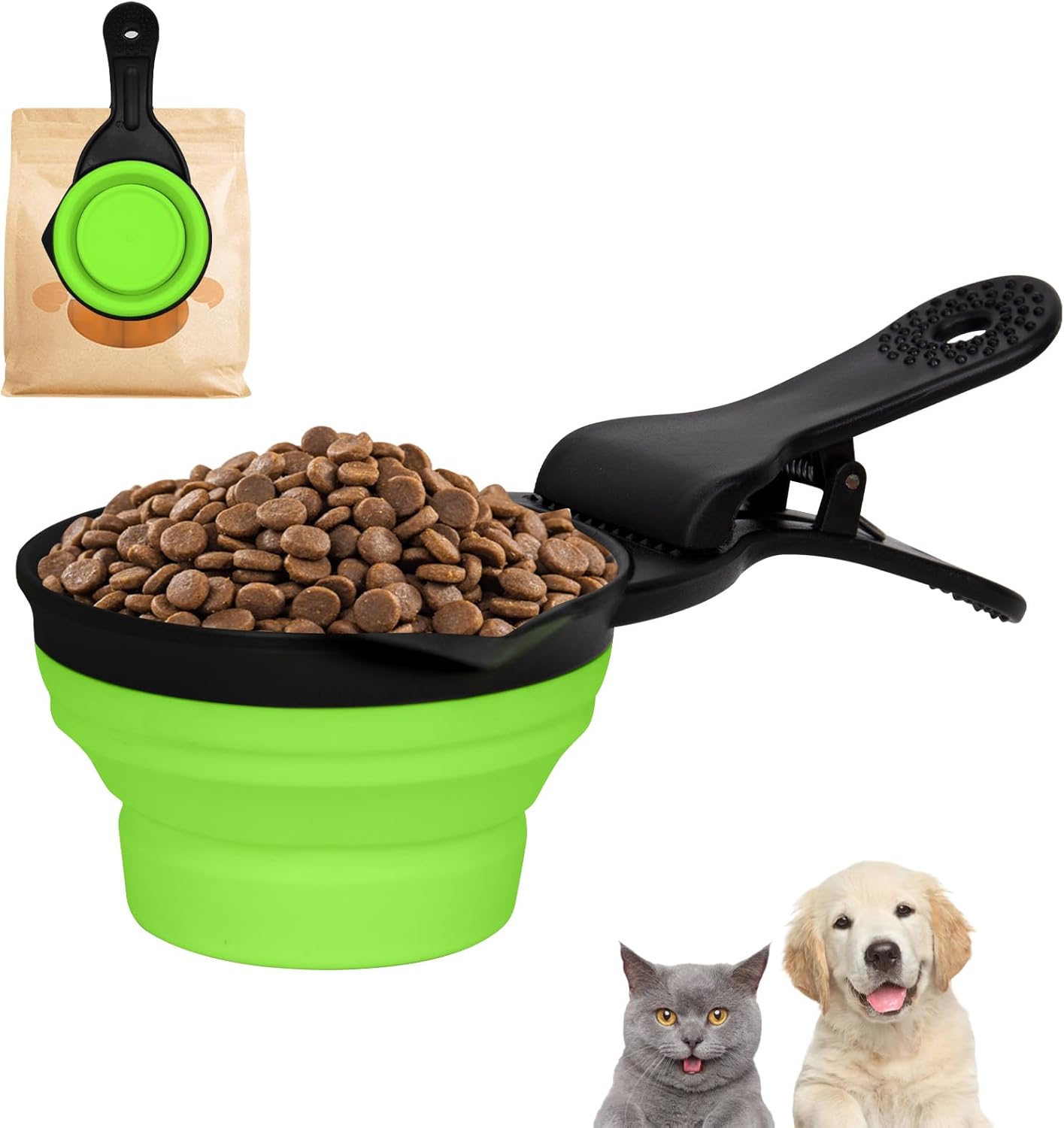 Collapsible Dog Food Scoop Foldable Pet Food Bag Clip 3 in 1 Multi-function Silicone Cat Food Measuring Cup Scoop Dog Food Scooper Pet Food Storage Clip (Green, 1 Cup Capacity(1 Pack))