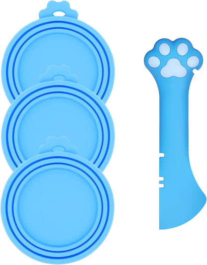 Pet Can Opener & 3 Pcs Cat Food Can Lids | Universal BPA Free Silicone Covers & Multi-Function Wet Food Spoon for Cat and Dog Food(Dark Blue)