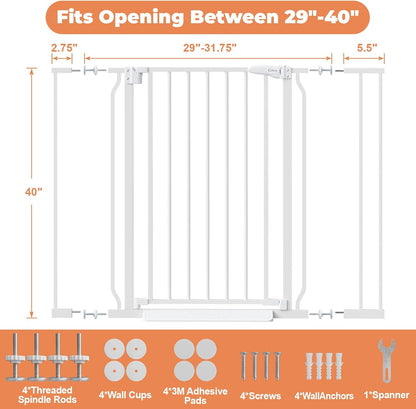 Baby Gate No Drilling, 29"-40" Auto Close Dog Gate Indoor for Doorways & Stairs, Pressure Mounted Adjustable Pet Gate, Easy Walk Through Child Gate for Children & Pets Stroller Friendly, White