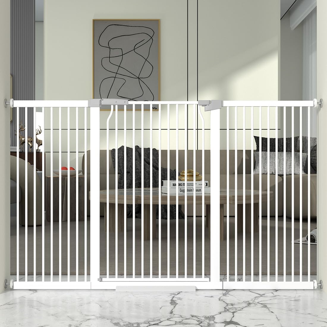 41" Extra Tall Cat Gate for Doorway, 49.2-54.7 Metal Pet Baby Safe Gate, Extra Wide Pressure Mounted Child Door with Expansion Kit, No Drilling No Climb Cat Fence Indoor, Tall Dog Gate, White