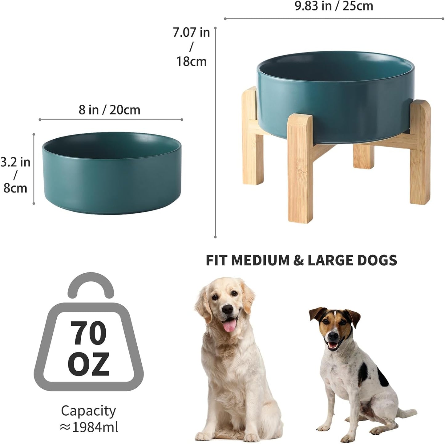6'' Ceramic Raised Dog Bowl - 30Oz Dog Food & Water Bowl with Elevated Non-Slip Bamboo Stand, Dishwasher & Microwave Safe, Anti Vomiting Heavy Duty Pet Bowl for Small and Medium Dogs, White