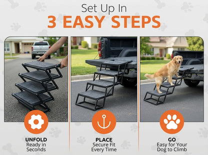 Foldable Dog Stairs for Cars Trucks & SUVs - Heavy-Duty Carbon Steel Pet Ladder Supports 230LB - Non-Slip Metal Mesh Joint-Friendly Portable Ramp for Large Dogs - 5 Step Pet Stairs w/Mat