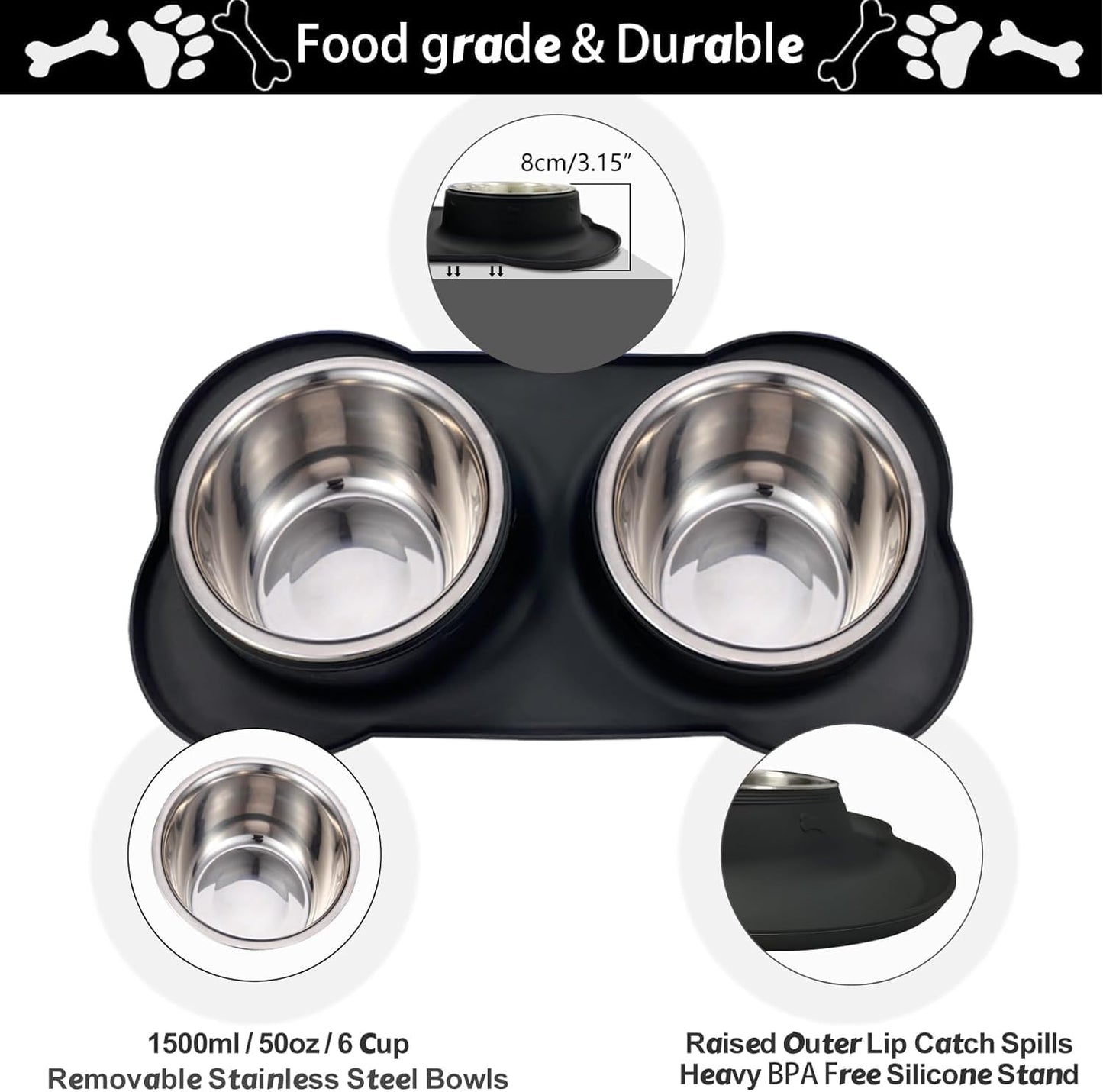 AsFrost Dog Food Bowls Stainless Steel & Water Dish with No-Spill and Non-Skid, Feeder Bowls with Dog Food Dish for Small Medium Large Size,Dogs,Cats,Puppy Pets, Black, 12oz