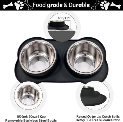 AsFrost Dog Food Bowls Stainless Steel & Water Dish with No-Spill and Non-Skid, Feeder Bowls with Dog Food Dish for Small Medium Large Size,Dogs,Cats,Puppy Pets, Black, 12oz