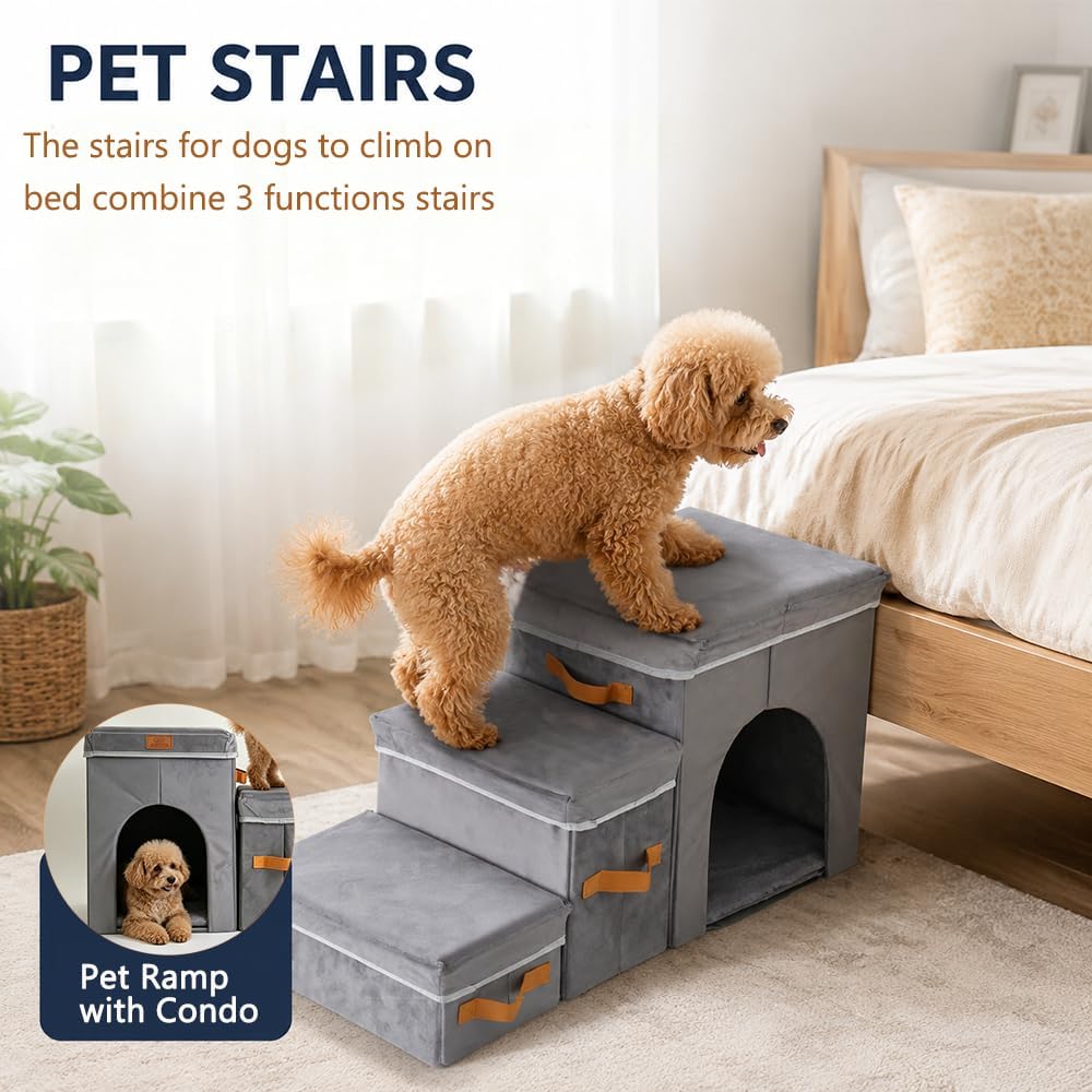 17" H Dog Stairs for High Beds, Multifunctional Pet Ramp with Storage & Condo for Small Medium Large Older Dog, 3-Step Foldable Cat Stairs for Climbing Car Sofa,Supports up to 120 Lbs