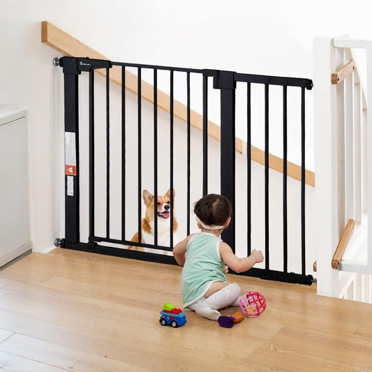 COMOMY 29.5-43.3" Safety Baby Gate Extra Wide, Auto Close Dog Gate for House Doorways Stairs, Pressure Mounted Easy Walk Through Pet Gate Child Gate, Includes 2.75" and 8.25" Extension, Black