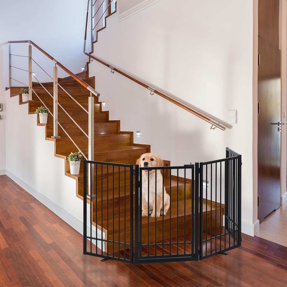 Metal Freestanding Dog Gate with Door, Extra Wide 81", 31" Height Foldable Dog Gates for Doorways, Tall Pet Fence Indoor Pet Gates, 4 Panels Pet Barrier for Stairs Hallways, Black