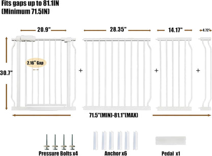 Extra Wide 76.4-81 Inch Large Baby Gates for Stairs, Doorways - No Drilling, Pressure Mounted Pet Gates for Kids & Dogs