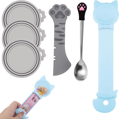 6 PCS Cat Food Can Covers Set, Reusable Silicone Can Lids with Opener, Stainless Steel Wet Food Spoon & Cat Treat Squeezer for Pet Feeding and Storage, Fits Cats & Dogs