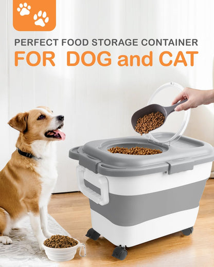 20-23 Lbs Dog Food Storage Container - Collapsible Dog Food Container with Attachable Casters and Scoop,Travel Silicone Bowl, Pet Food Storage Containers to Keep Dry Food Fresh,Easy to Move