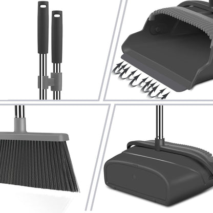 Upgrade Broom and Dustpan Set, Self-Cleaning with Dustpan Teeth, Indoor&Outdoor Sweeping, Ideal for Dog Cat Pets Home Use, Stand Up Broom and Dustpan (Gray&Orange)