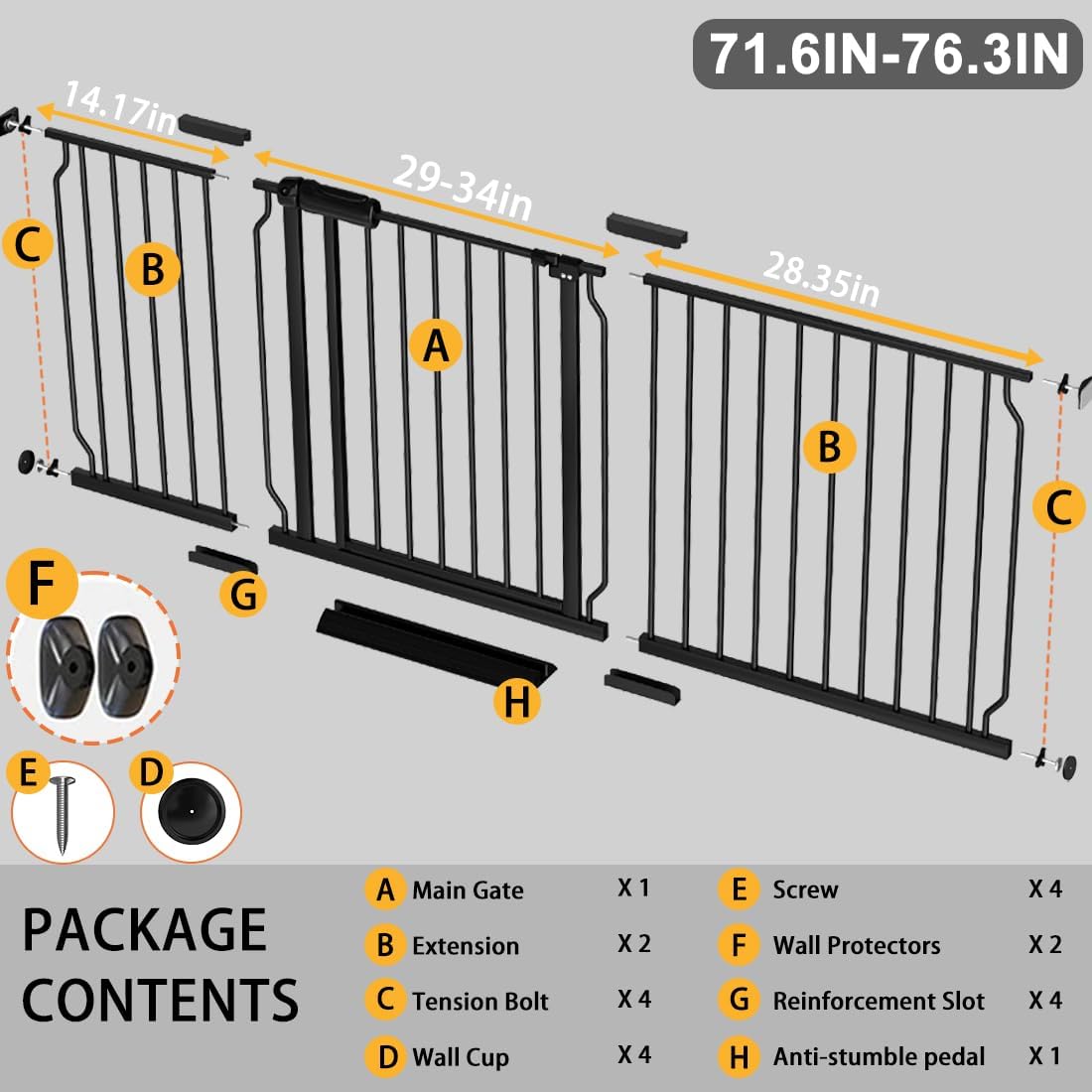 Fairy Baby Extra Wide Baby Gate Black 57.5-62 Inch Wide, Walk Through Pressure Mounted No Drill for Doorways, Long and Large Tension Dog Gates for Pet and Kids