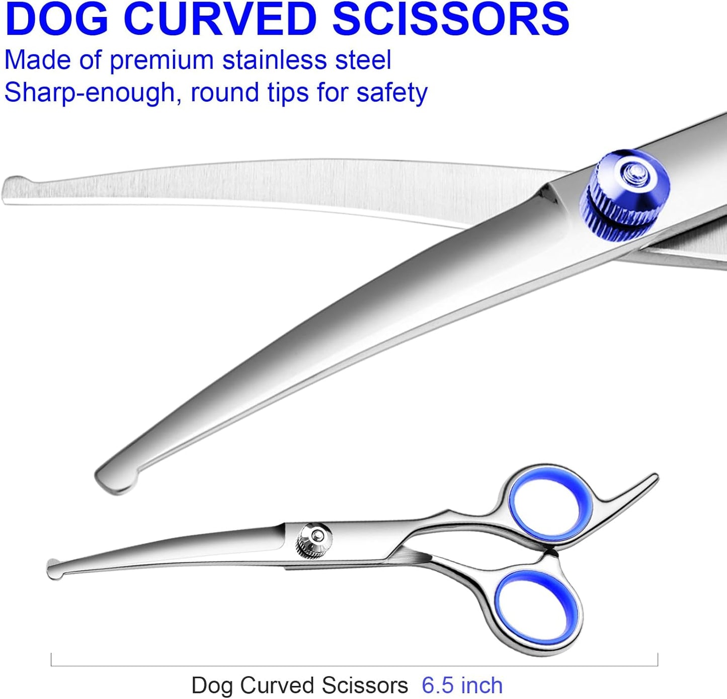 FAIGEO Dog Grooming Scissors with Safety Round Tips Stainless Steel Professional Dog Grooming Kit - Thinning, Curved Scissors and Comb for Cat Pet (Pink 4 in 1)