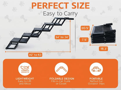 Foldable Dog Stairs for Cars Trucks & SUVs - Heavy-Duty Carbon Steel Pet Ladder Supports 230LB - Non-Slip Metal Mesh Joint-Friendly Portable Ramp for Large Dogs - 5 Step Pet Stairs w/Mat