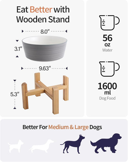 Black Elevated/Raised Dog Bowl Ceramic with Wood Stand for Medium Large Breed,Dog Food Water Dish Heavy Weighted,8 in Non Slip Modern Cute Porcelain Pet Bowl Extra Large